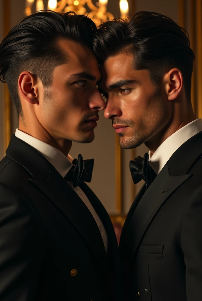 A close-up of the protagonists&#39; faces, A gay couple, one with a seductive look and the other with a look of determination, with mafia and luxury elements in the background.