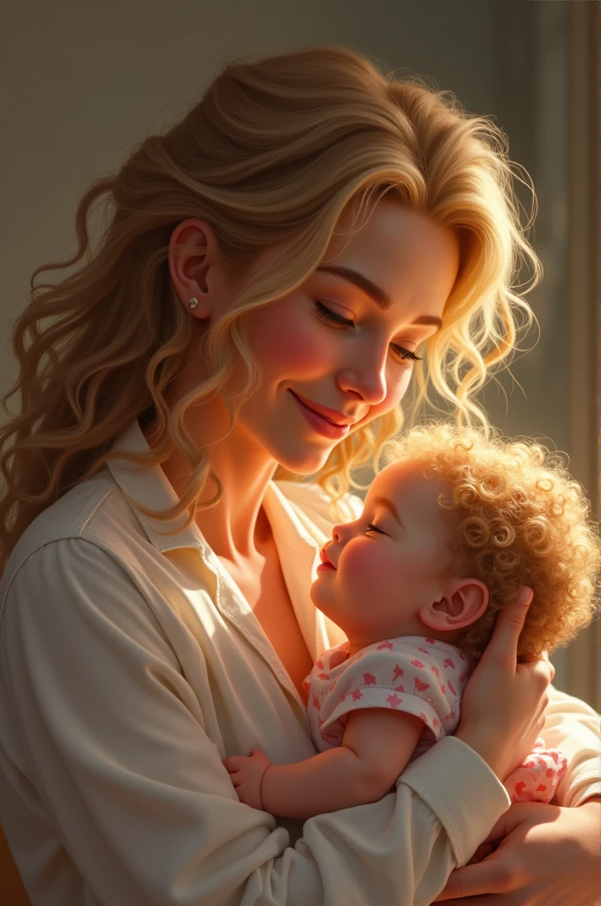 Create a smiling mother with her blonde curly haired baby