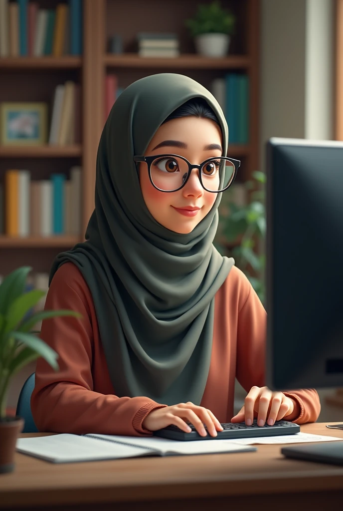 Hijabi girl with glasses working on computer