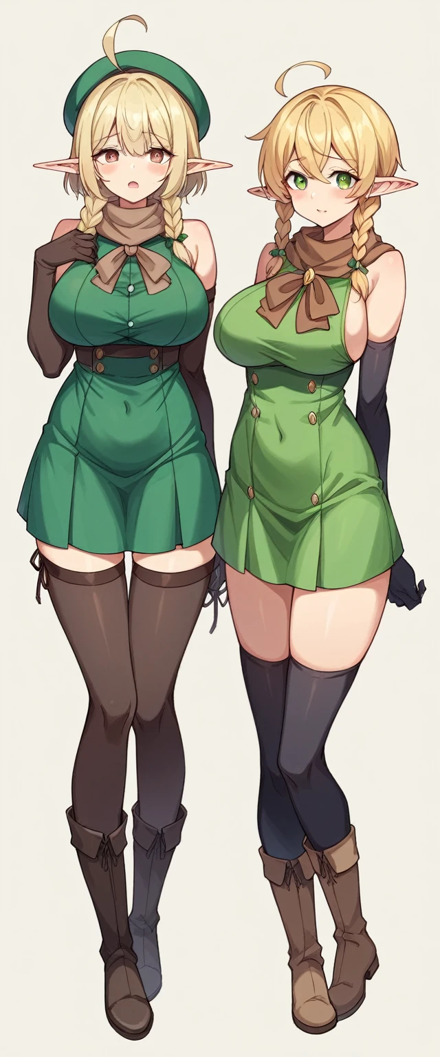 Elf、1 female、women only、short hair、twin braids、ahoge、blonde、(thin)、Big Breasts、expensive、Hollow Eyes、Black elbow gloves、((black thigh highs))、little black beret、Brown scarf、Green dress、Brown boots、(full body)、Are standing、thin太もも、shoulder、belly button、isekai、fantasy、front