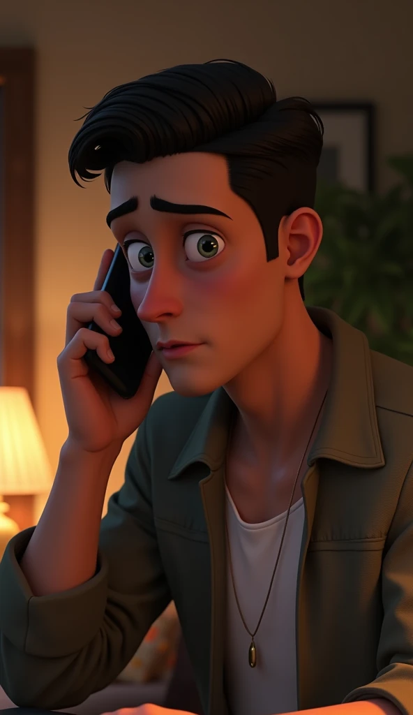 A sad handsome young man talking in the phone at his home,  pixar style, cinematic, masterpiece, high-aesthetic, portrait 