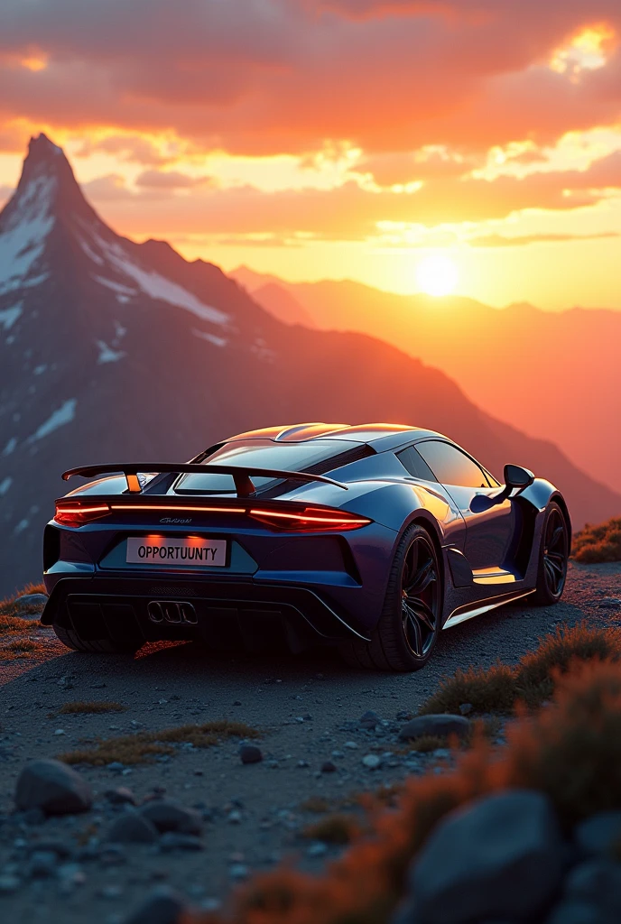 a sports car parked on top of a mountain at sunset and its license plate says &#39;Opportunity&#39;