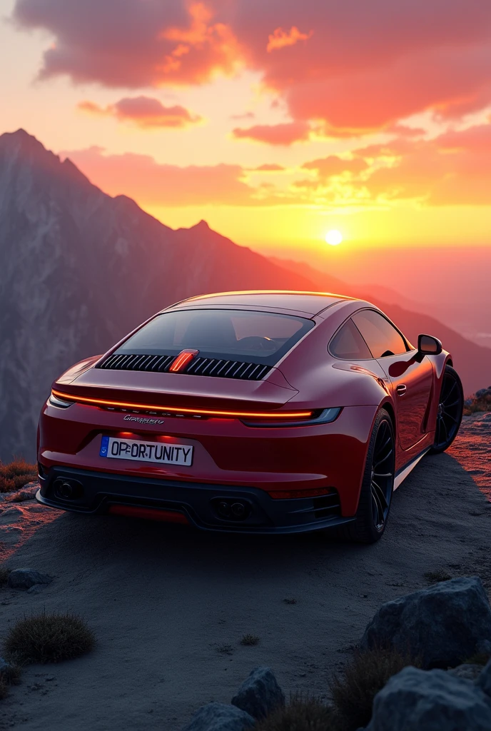 a sports car parked on top of a mountain at sunset and its license plate says 'Opportunity'