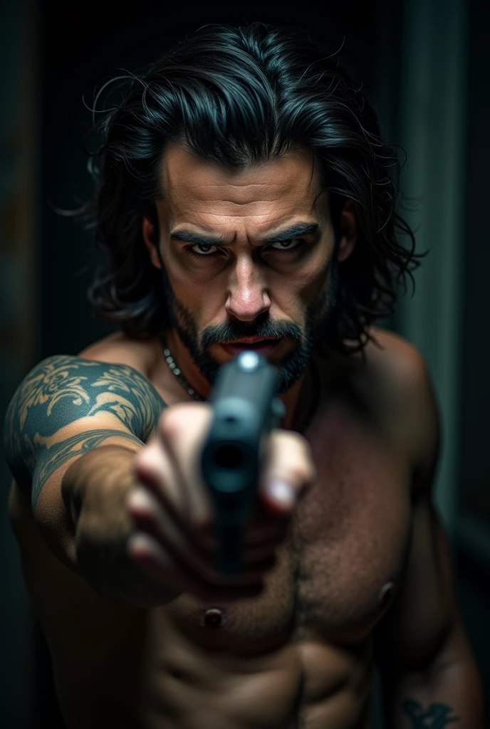 Dark-haired man with light brown eyes with a tattoo on his body holding a gun in his hand