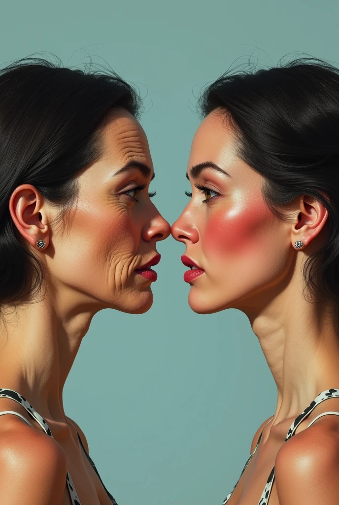 female face in profile facing each other, the two identical, in the meantime an aged, the aged must also have dark hair, only the skin should have wrinkles, the clothes must be the same and another with very visible sunburn