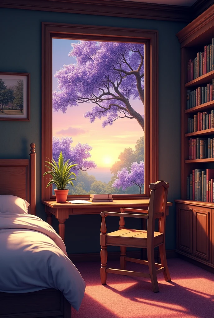 A mahogany room on a second floor with a bedroom, a bookshelf, a wooden desk and chair with a medium-sized square-shaped glass window, overlooking jacaranda trees, with a sunset with turquoise blue sky