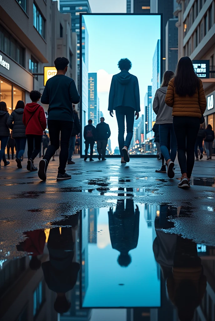 make a mirror image (btl advertising) in the middle of the street where people are looking at him