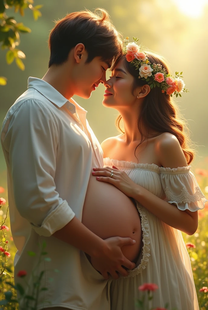 BTS's Seokjin with a 9-month pregnant belly and a flower crown on his head Namjoon giving him a kiss on the belly