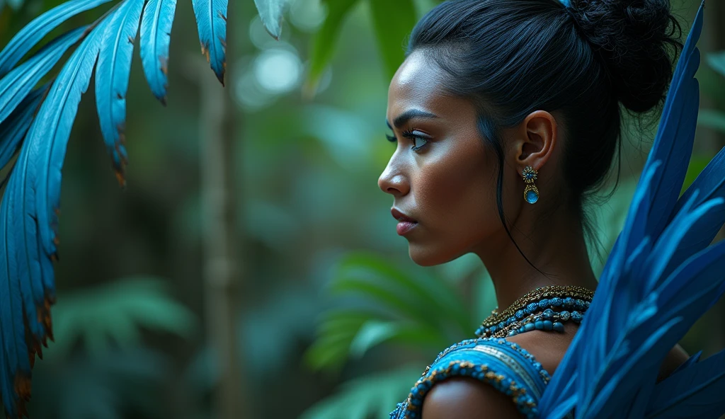 Indian face in profile,  beautiful warrior woman from the Amazon rainforest, blue macaw feathers, blue details, azul prop, imagem HD, slicked black hair. 