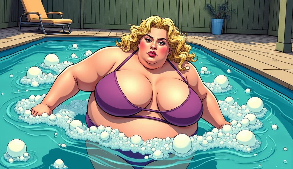 Beautiful morbidly obese blonde woman wearing a bikini swimming in and filling a pool with bubbles with her farts, comic book artstyle