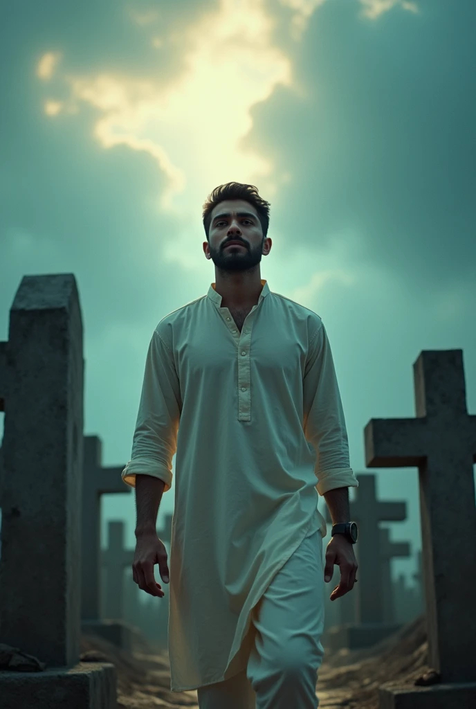 generate me image of young muslim man small beard wearing kurta shalwar going out of grave yard and the cloud dizzling with lights