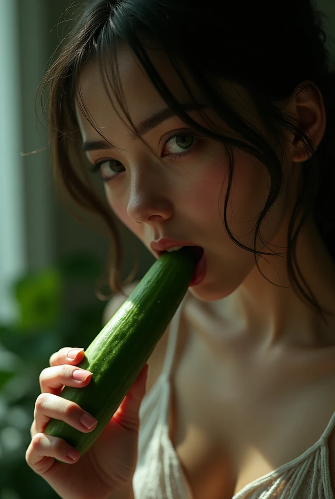 Put condensed milk on the tip of a cucumber and lick it with your tongue sticking out the tip 、I'm sticking out my tongue at the tip and licking it、Japanese young beauty