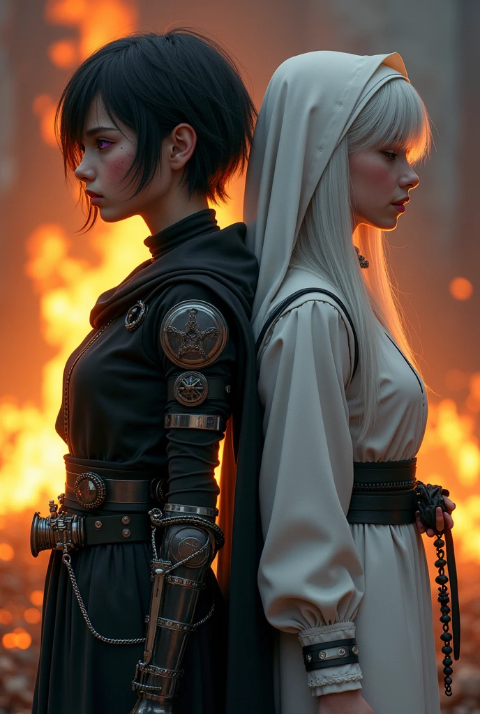 Two pale girls from the middle ages, back to back, the left with violet eye, short black hair, black alchemist robes with technology, cut on the face, the one on the left with a steampunk prosthetic left arm, with pentagram and dagger, with a look of suffering, right with white nun clothes, long white hair, eyes closed holding a rosary, with a bonfire execution in the background