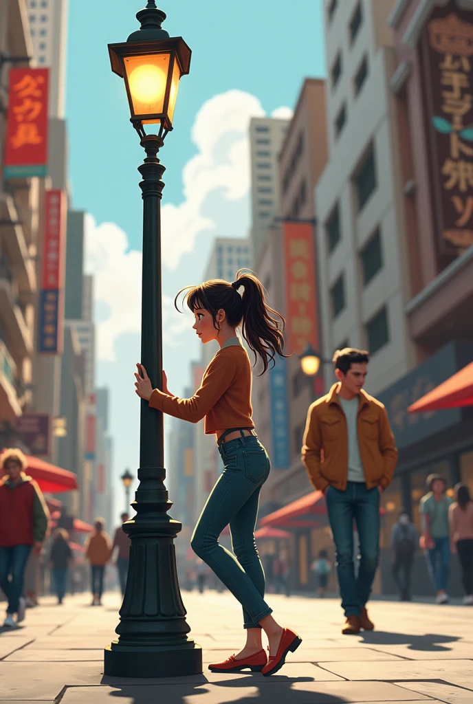 Girl walking down the street, distracted, looking at a handsome guy and suddenly hits her head on a lamppost
