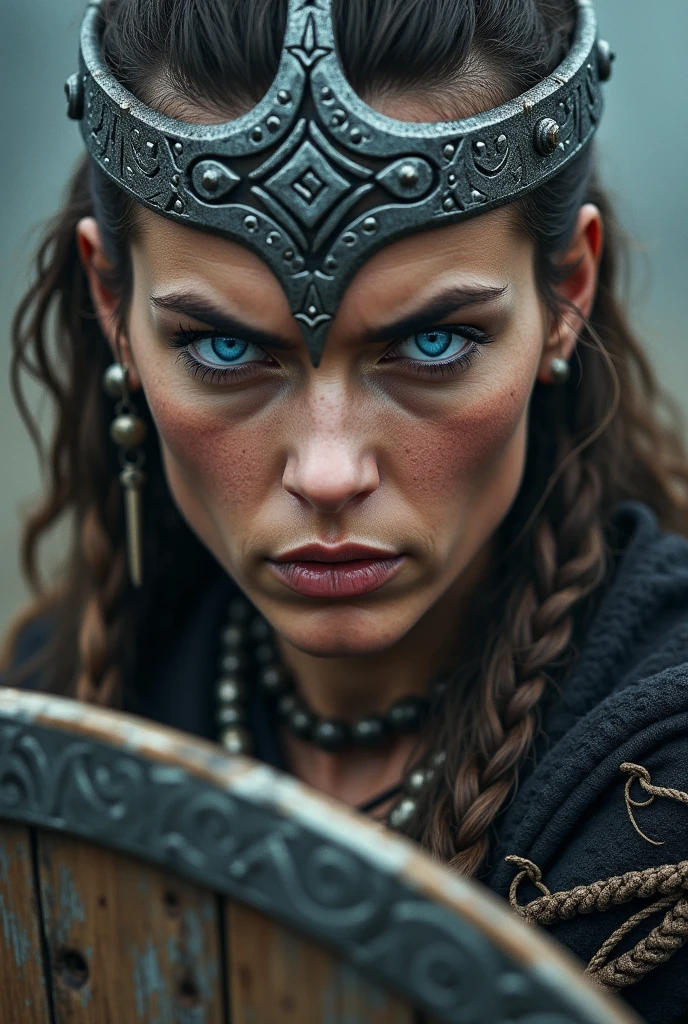 Close up face beautiful viking woman, wooden shield in hand , strong blue light in the eyes, crown of the goddess , tribal design on the eyes, Angry, bone ornaments on the neck, iron armor, with leather, focused