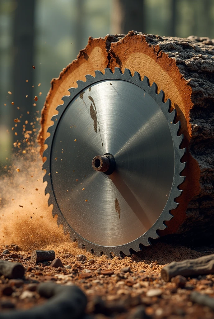 Red colour circular saw blade wood  with cut tree with throwing