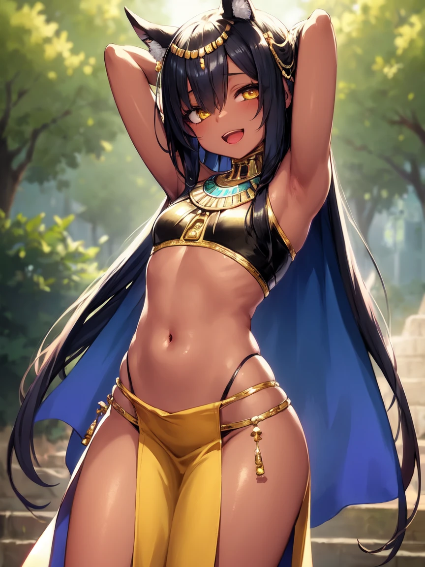 (SLE, mksks style, detailed background:1.1), (solo:1.3), girl, dark skin, ornate egyptian dress, long hair, black hair, beautiful hair, (hair over eye), yellow_eyes, happy,head tilt, volumetric lighting, (outdoor:1.3), egyptian, colorful, flat chest, female anubis, egyptian clothes, egyptian mythology, , lewd outfit, young, (young girl), child, (very young girl), small girl, skimpy outfit, midriff, nsfw, lewd, slutty facial expression, (dancing), open mouth, (dark skin), (pelvic curtain), dancer, arms above head, hip sway, (motion lines),
