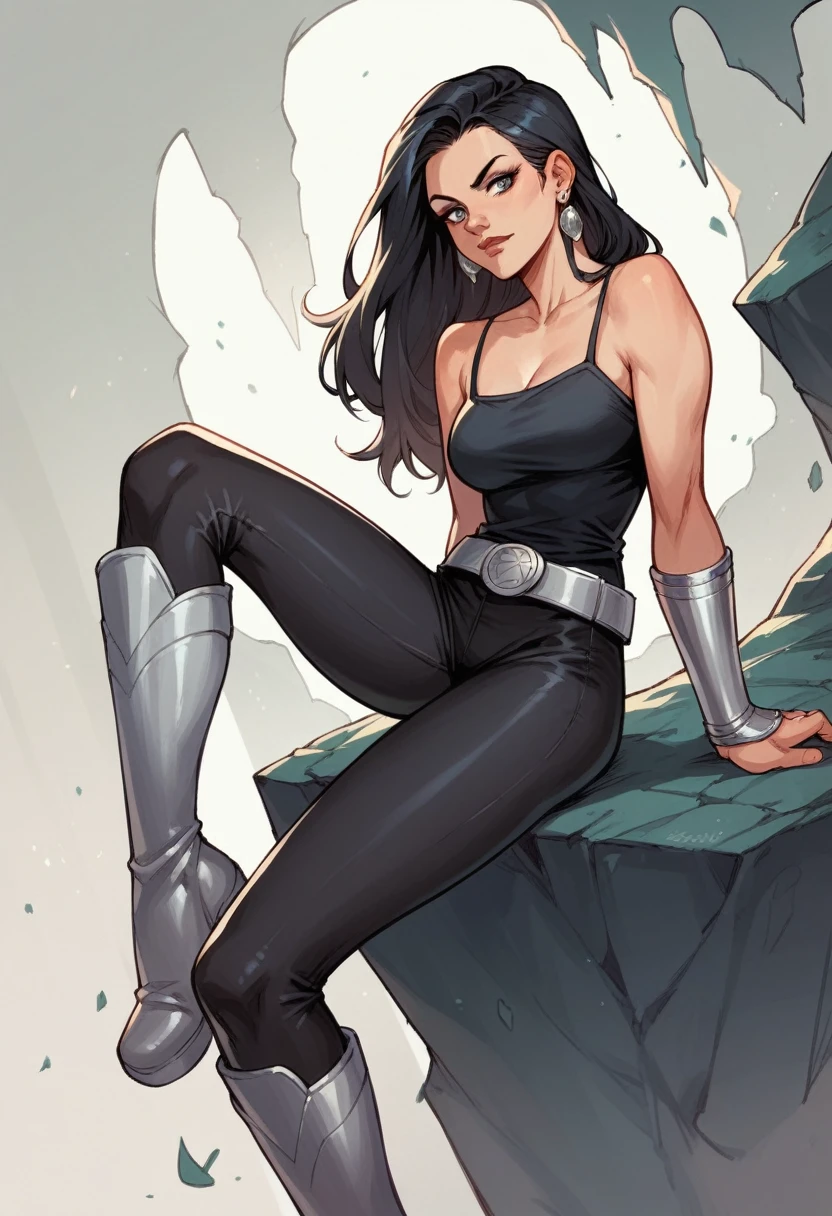 1girl, long black hair, earrings, black camisole, black leggings, silver belt, silver bracers, silver long boots, dc comics