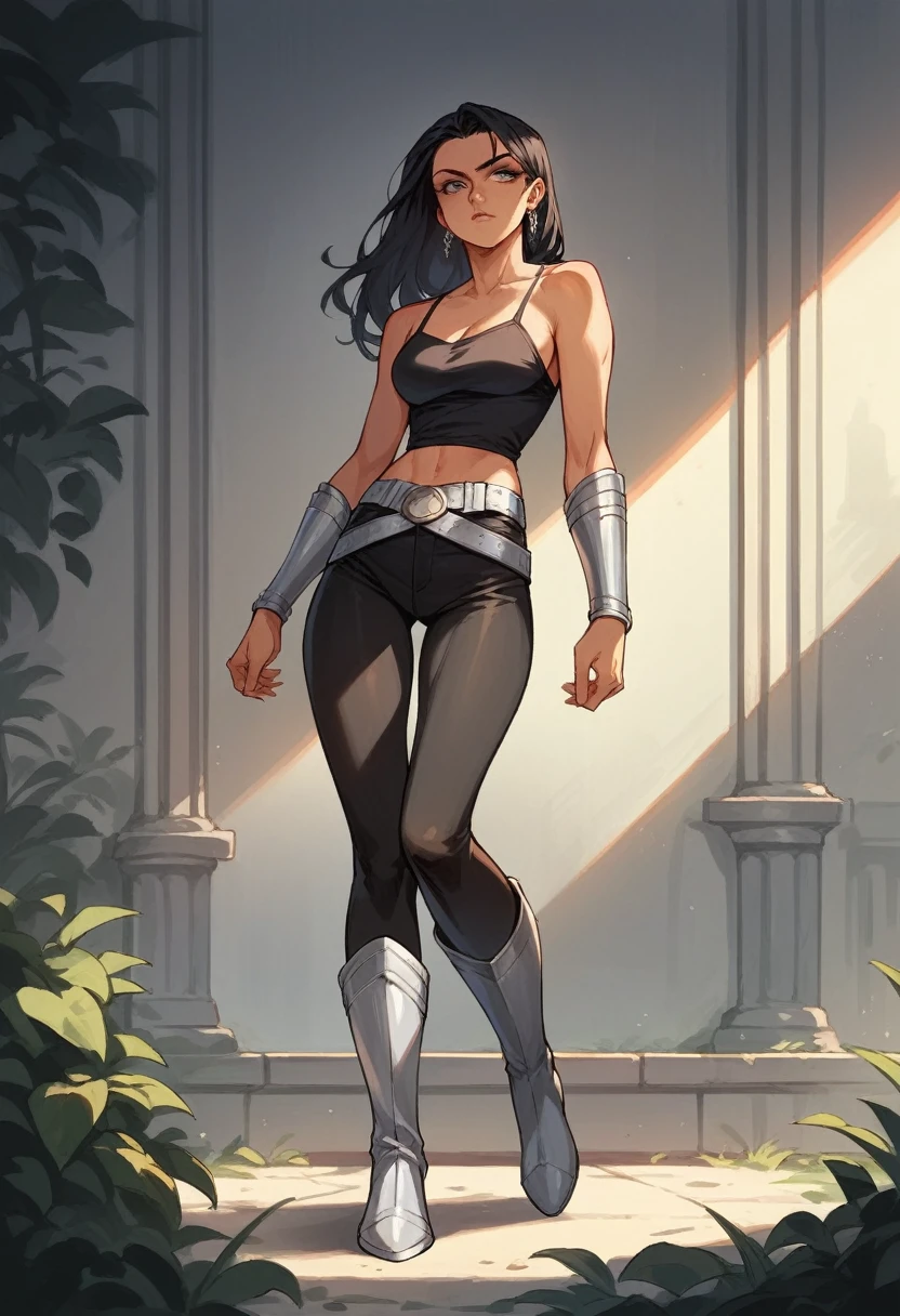 1girl, long black hair, earrings, black camisole, black leggings, silver belt, silver bracers, silver long boots, dc comics