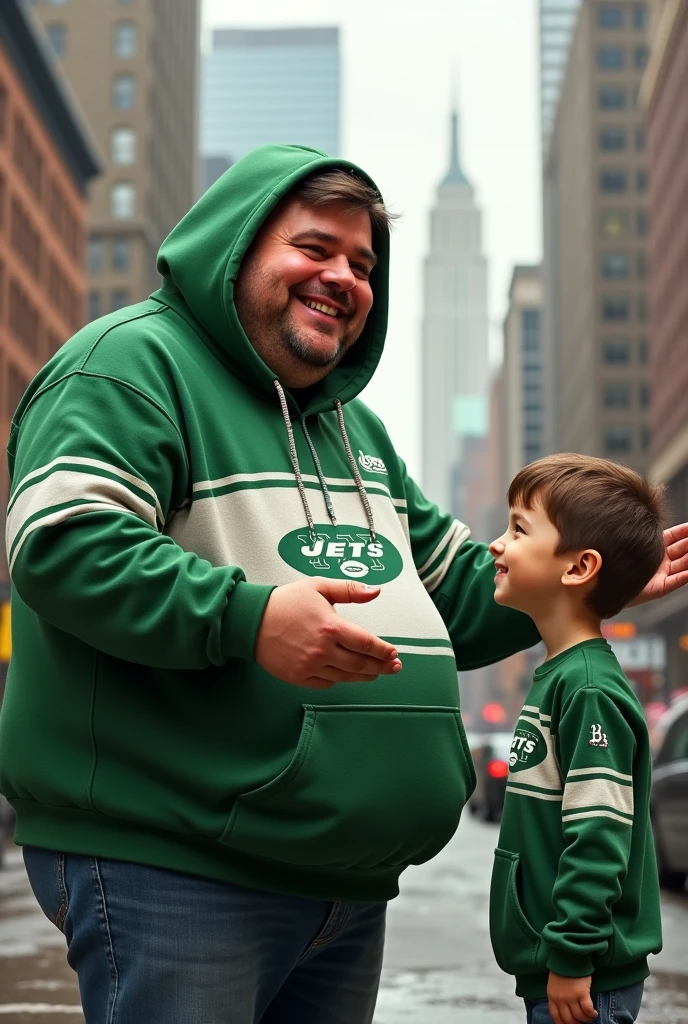 A fat man with a new york jets hoodie on talking to a kid.
