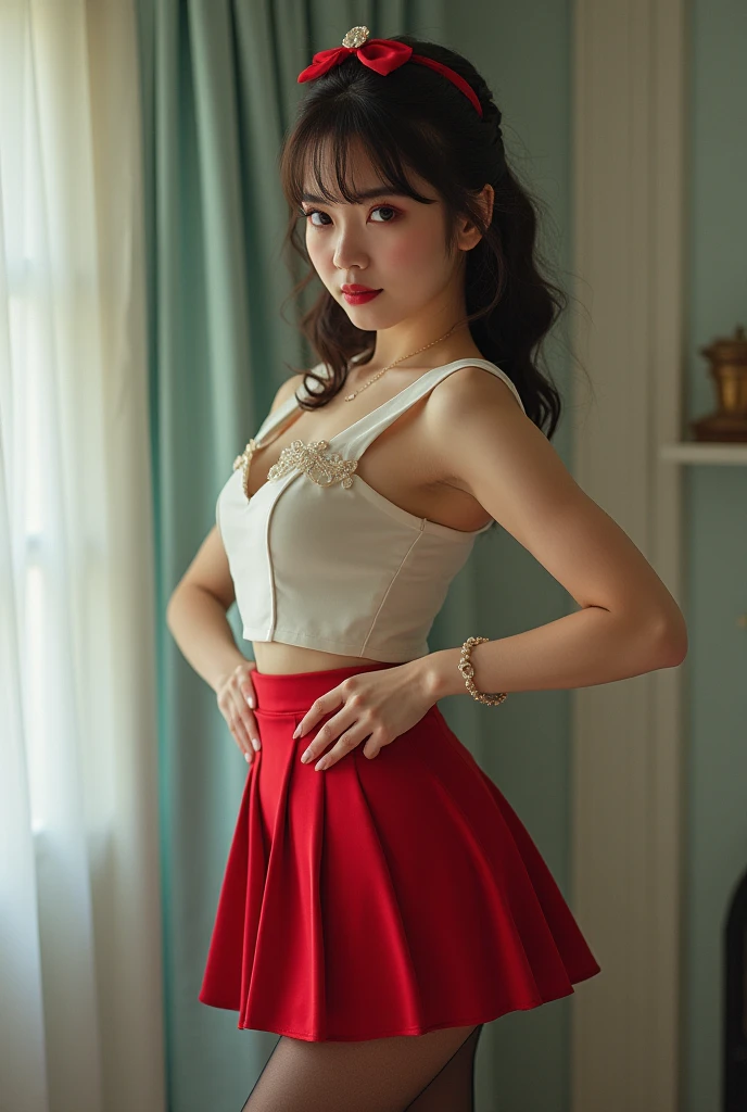 photo of ??? wearing pinup cosplay, black sheer pantyhose