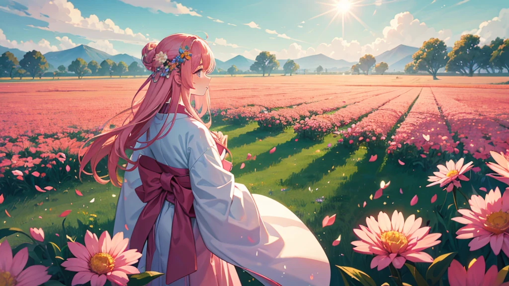 A vast field of flowers, vibrant colors, filled with various types of blooming flowers, sunlight shining down, gentle breeze, a small figure of a young woman with long pink hair, wearing a traditional pink kimono, standing in the middle of the field, her back turned, facing the horizon, serene and peaceful atmosphere, anime style, detailed environment, soft focus on the character, wide shot, nature scenery