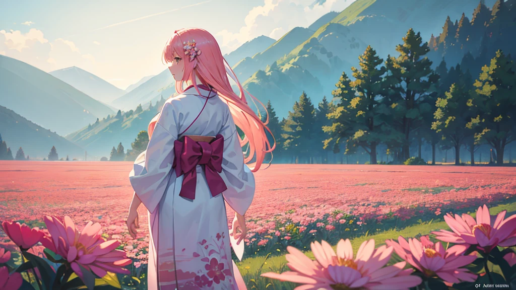 A vast field of flowers, vibrant colors, filled with various types of blooming flowers, sunlight shining down, gentle breeze, a small figure of a young woman with long pink hair, wearing a traditional pink kimono, standing in the middle of the field, her back turned, facing the horizon, serene and peaceful atmosphere, anime style, detailed environment, soft focus on the character, wide shot, nature scenery