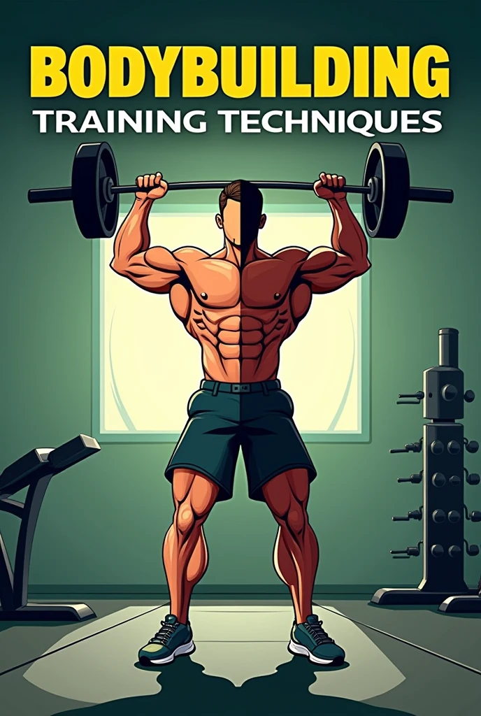 Illustrated figure lifting weights in a well-lit gym, surrounded by a motivational environment, Clean and modern, use colors in the green tone, yellow, white and black, Representing health and well-being, include an image of a person divided into two parts, on one side a person who does not train and has unhealthy habits and on the other side a person who gets results in bodybuilding training, The title of the ebook is BODYBUILDING TRAINING TECHNIQUES, must be displayed prominently and clearly, The layout should be balanced with a harmonious arrangement of visual and textual elements., creating an organized and pleasing appearance