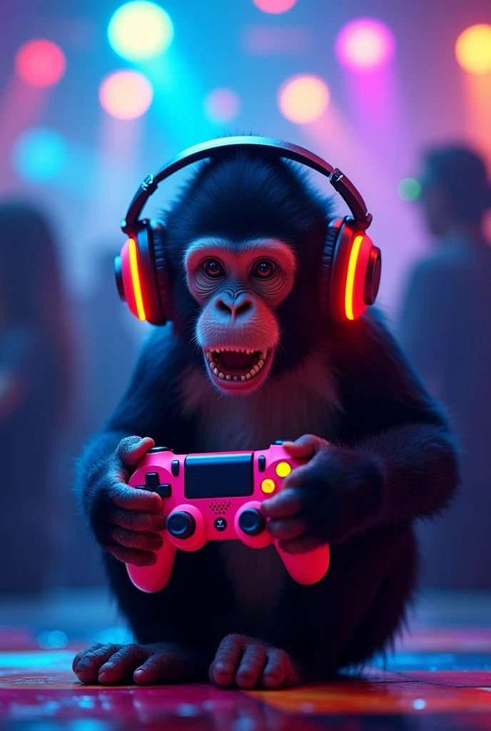 Un singe dans une boite de nuit dans ces oreilles il a un casque gaming colorer neon et une manette a la main , in the background there is a floor and lights colored in several different colors put it 25 degrees more to the left and the background tints it in blue