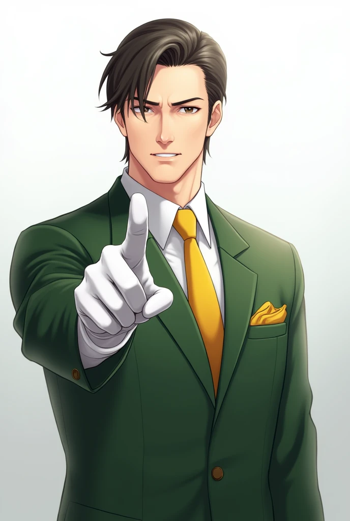 I would like a highly realistic image of a man from the waist up. He should be wearing a green suit, white shirt and yellow tie. The background should be a neutral environment, white and well lit. The man&#39;s hair must be combed to the side and he must wear white gloves and a yellow detail like a handkerchief or something like that in his jacket pocket.. He should point his index finger at the camera as if he were talking to someone and looking at the camera. The camera should be at eye level, capturing half of the body., and the image must be in high resolution.