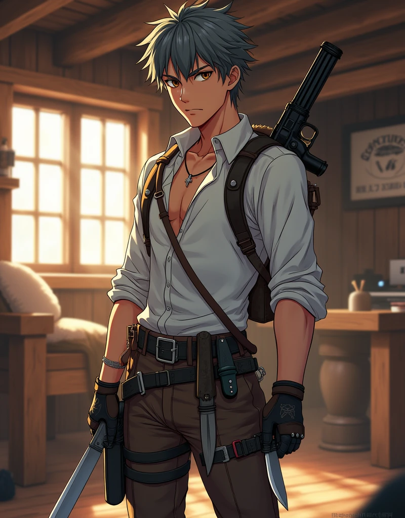 young man with dark gray hair and brown eyes with a gun on his back wearing a white shirt and leather pants with knives on it in an anime cabin