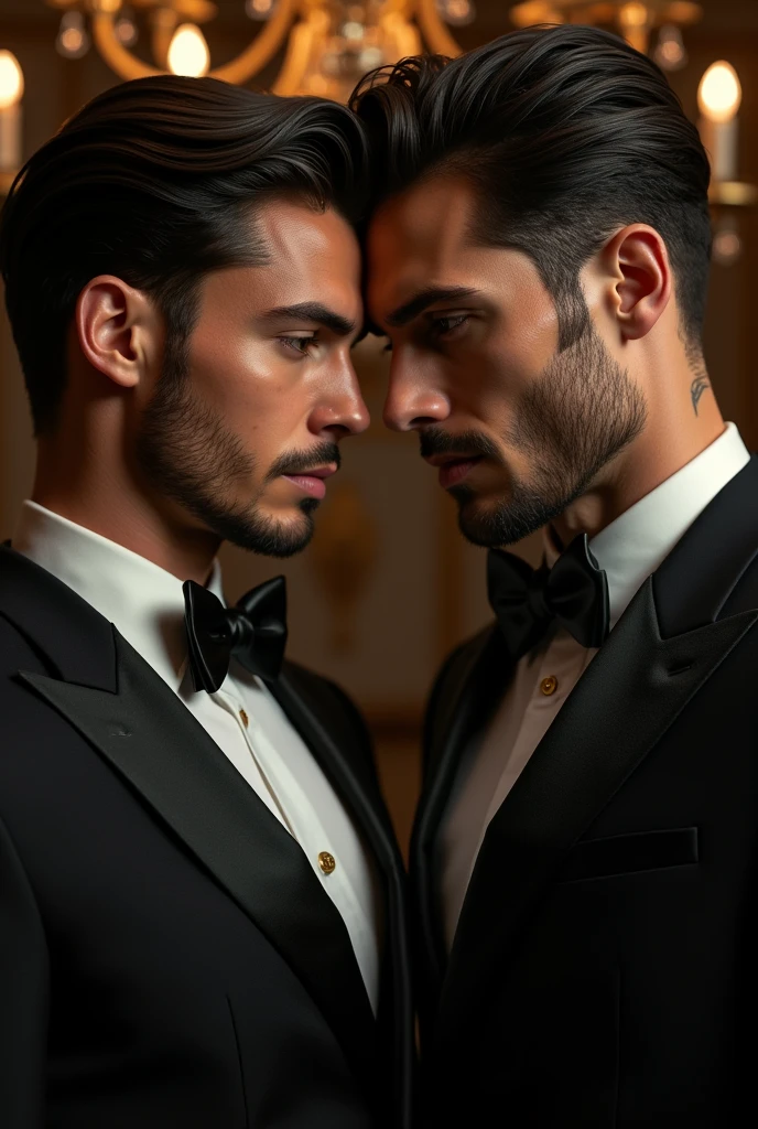 A close-up of the protagonists&#39; faces, A gay couple, one with a seductive look and the other with a look of determination, with mafia and luxury elements in the background.