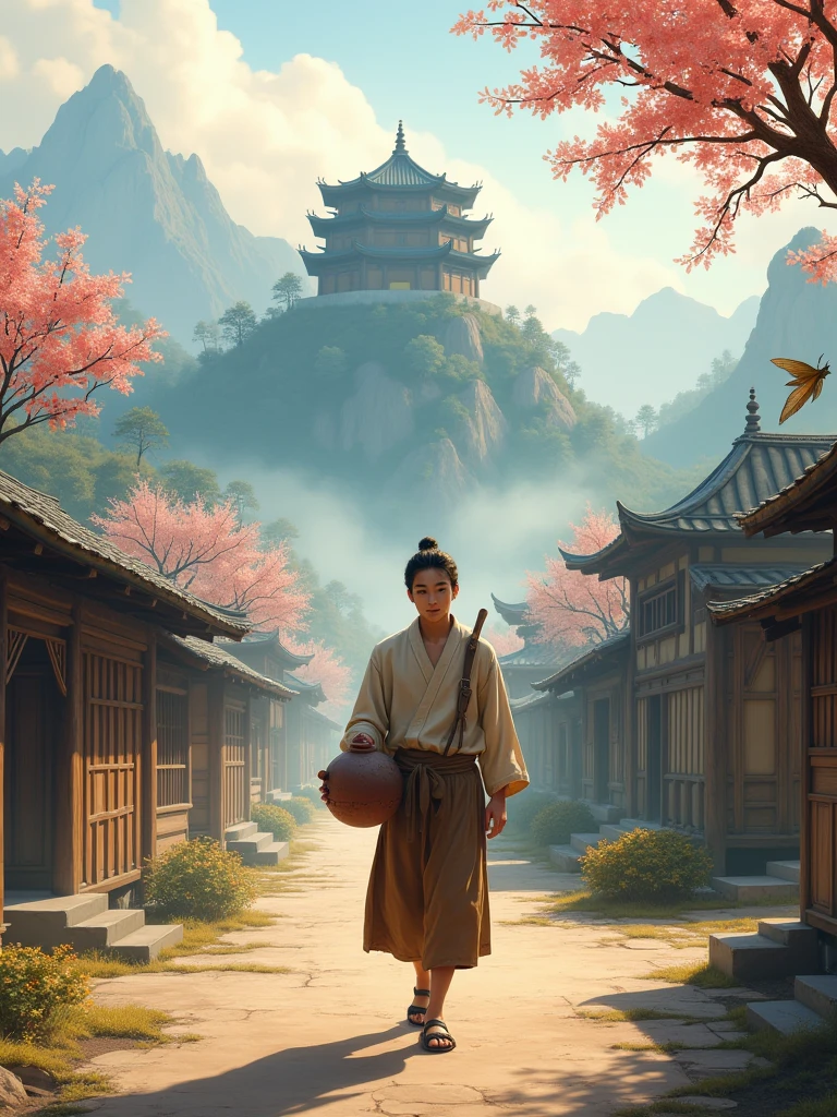 a small, serene village surrounded by majestic mountains and shrouded in morning mist. The wooden and bamboo houses with thatched roofs are simple but welcoming. The focus of the image is Li, a humble-looking young man dressed in worn but clean clothes. He walks along the dirt roads, passing villagers who smile warmly at him. Li carries an old, cracked clay pot, holding it carefully as if it were his most precious possession. The expression on Li’s face is one of determination and serenity, reflecting his resilient character. In the background, the master’s great temple, perched on a hilltop, stands imposingly, surrounded by flowering trees. The sky is tinged with soft shades of pink and orange, signaling the beginning of a new day full of promise.