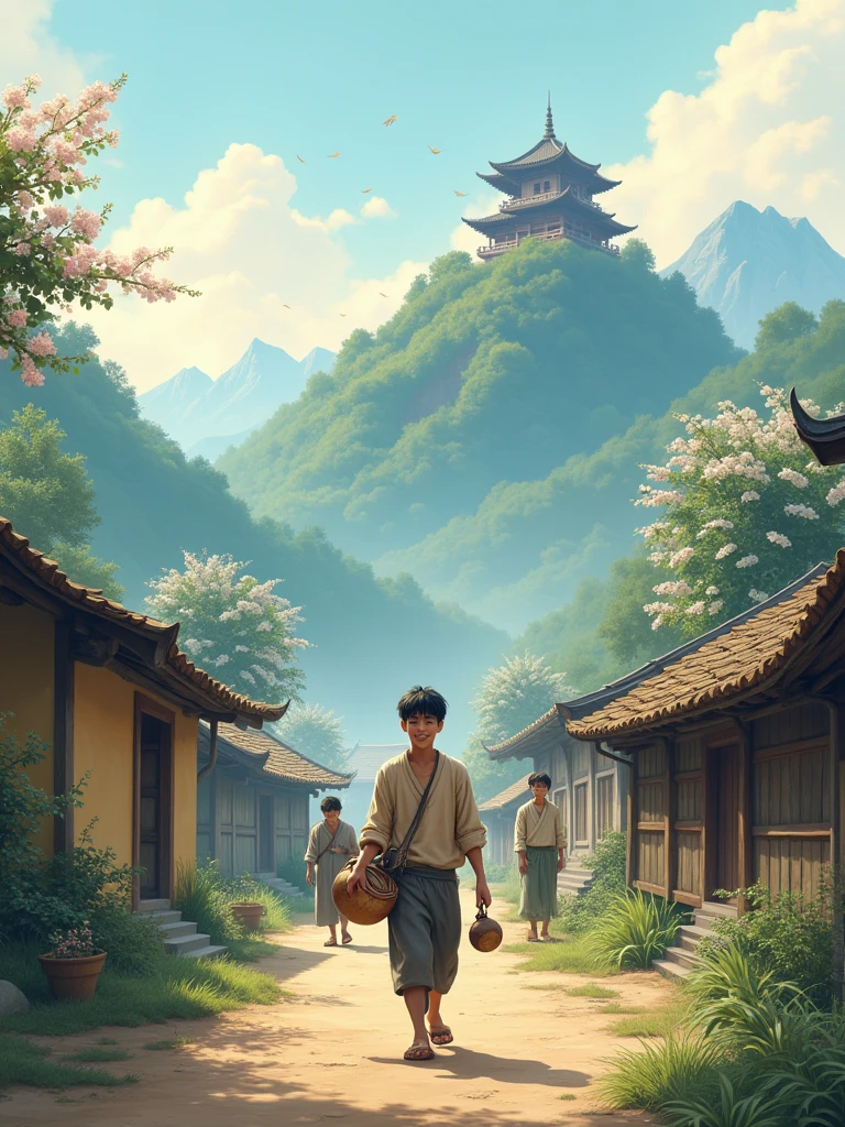 a small, serene village surrounded by majestic mountains and shrouded in morning mist. The wooden and bamboo houses with thatched roofs are simple but welcoming. The focus of the image is Li, a humble-looking young man dressed in worn but clean clothes. He walks along the dirt roads, passing villagers who smile warmly at him. Li carries an old, cracked clay pot, holding it carefully as if it were his most precious possession. The expression on Li’s face is one of determination and serenity, reflecting his resilient character. In the background, the master’s great temple, perched on a hilltop, stands imposingly, surrounded by flowering trees. The sky is tinged with soft shades of pink and orange, signaling the beginning of a new day full of promise.