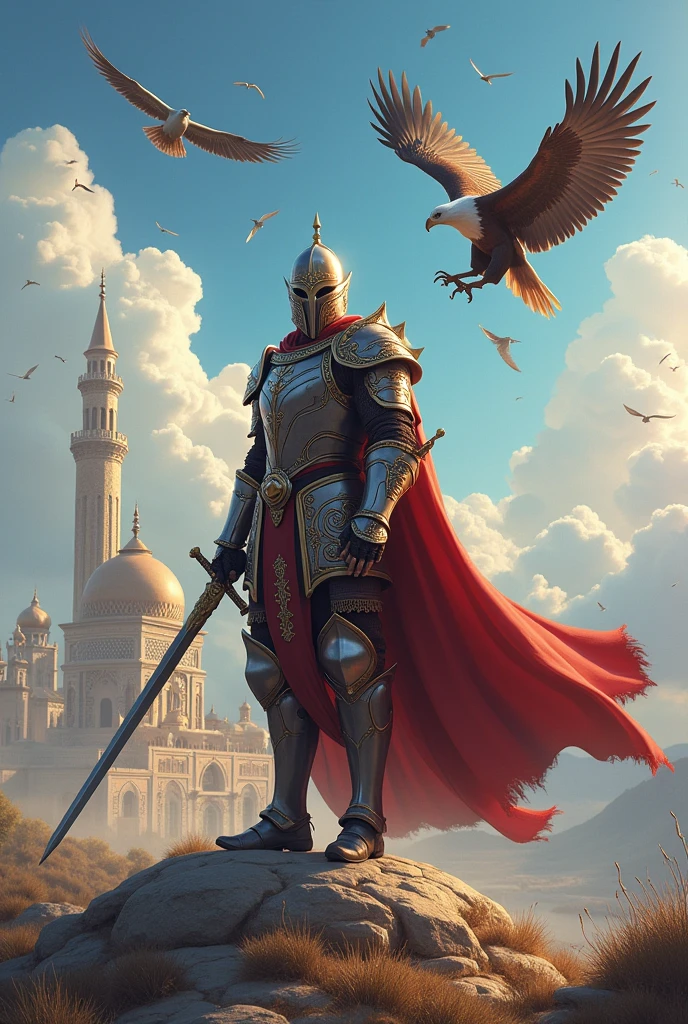 A persian knight staning on a large hill looking right
Wearing luxury armor
Holding down a sword in right hand
Makki Zahedan Grand Mosque in background
Some birds flying high
An eagle flyng above knight's head