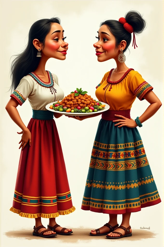 Women in traditional Guatemalan dress with a plate of food in their right hand and their left hand on their hips, caricature