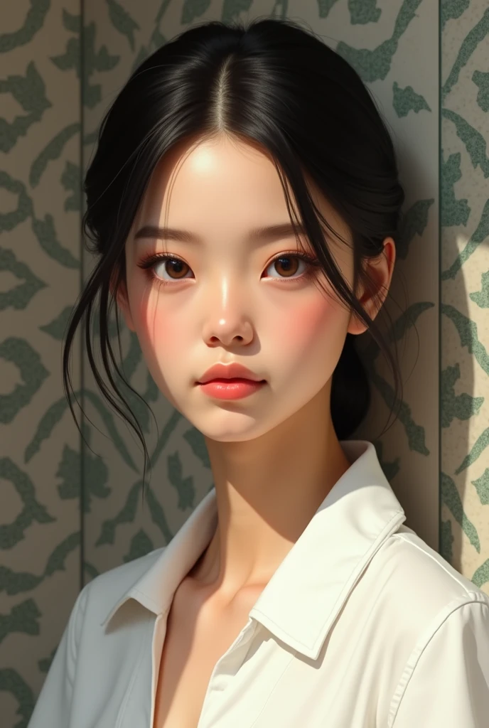 The girl looks young with soft, natural features.. Her skin is fair to slightly tanned, and she has large brown eyes.. Her lips are full, and her eyebrows are relatively thick.. Her hair looks dark and slicked back.. She is wearing a white shirt as shown in the picture..Its background features a geometric design that appears to be inspired by traditional ornaments.