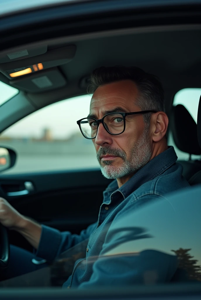 A man with glasses inside a car