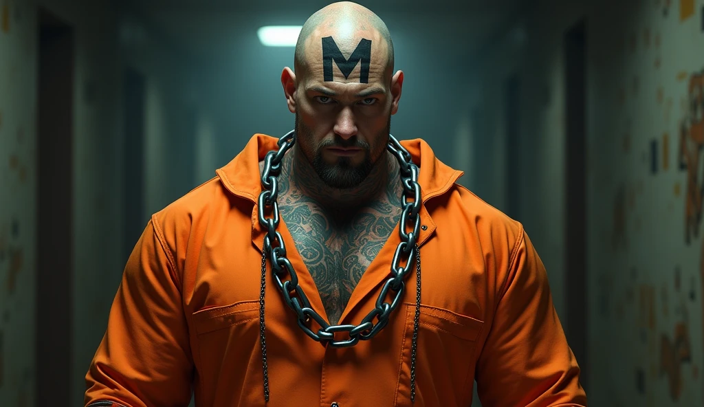 Create an image of a man in orange prison clothes, bald and tattooed all over his neck with a very large M on his forehead standing up with chains that are around his neck and thick chains