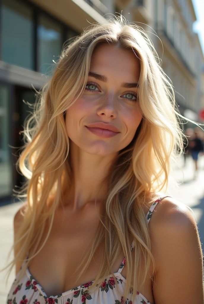 create a realistic image of a 20 year old woman, Longs cheveux blonds, Yeux bleu-vert faisant du shopping