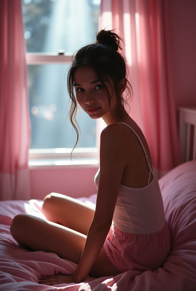 Skinny girl, thin, slim, pink bedroom, single bed, wardrobe, drawers, lamp, late evening, window, looking at camera, blue eyes, small, cute, sweet, nighttime, night, moonlight, realistic, nighttime, sat on edge of bed, smiling, smile, evil, naughty, seductive, brunette, camera looking down, looking up at camera, pale skin, very pale, 18, naked, nude, smiling, smile, mouth closed, cheek dimples, European, ponytail
