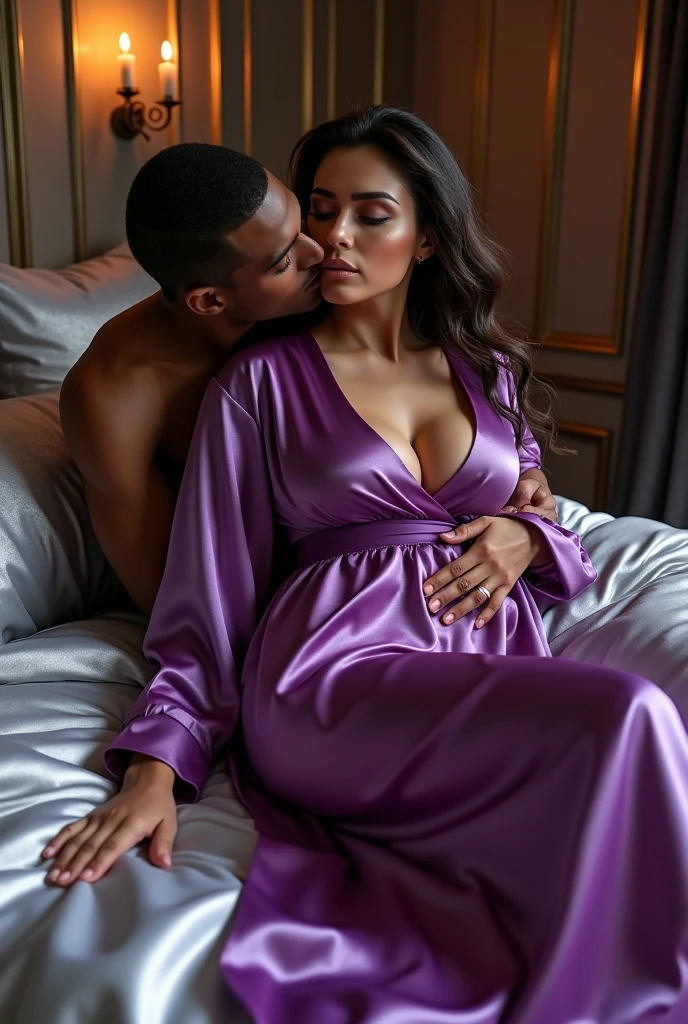Russianmilf with wearing a purple silk satin robe with big boobs lying on a bed with king size satin bedding and blanket in silver color being kissed by a black man on neck from behind