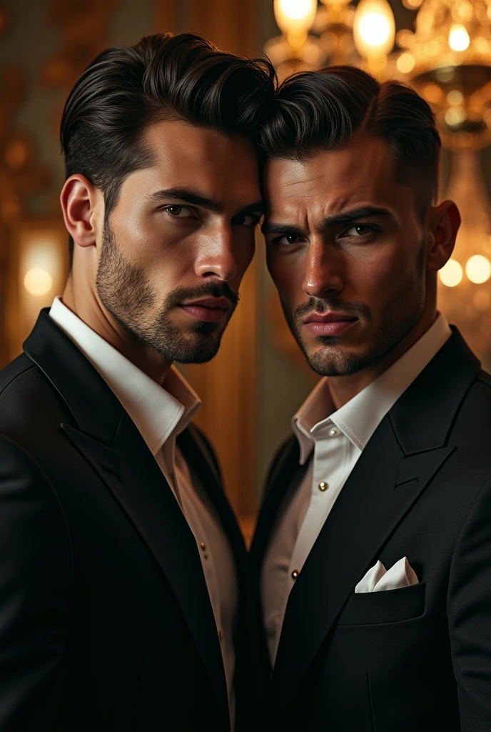 A close-up of the protagonists' faces, A gay couple, one with a seductive look and the other with a look of determination, with mafia and luxury elements in the background.