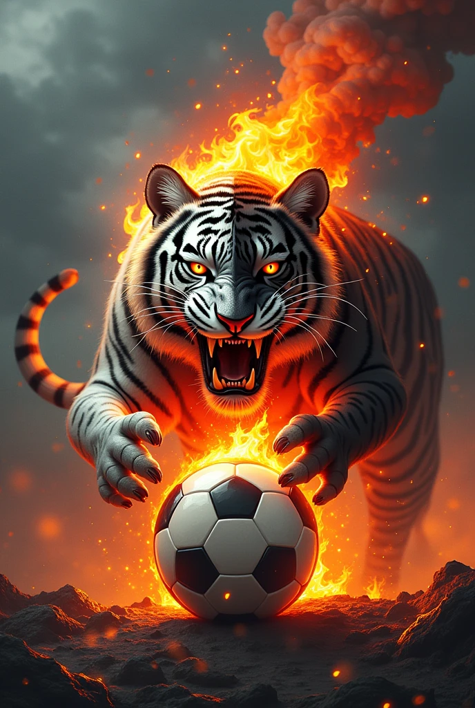 Logo of a fire soccer ball with the face of a crazy animated schizophrenic being played by the white Bengal tiger and the black panther for goal schizophrenics with an erupting volcano in the background