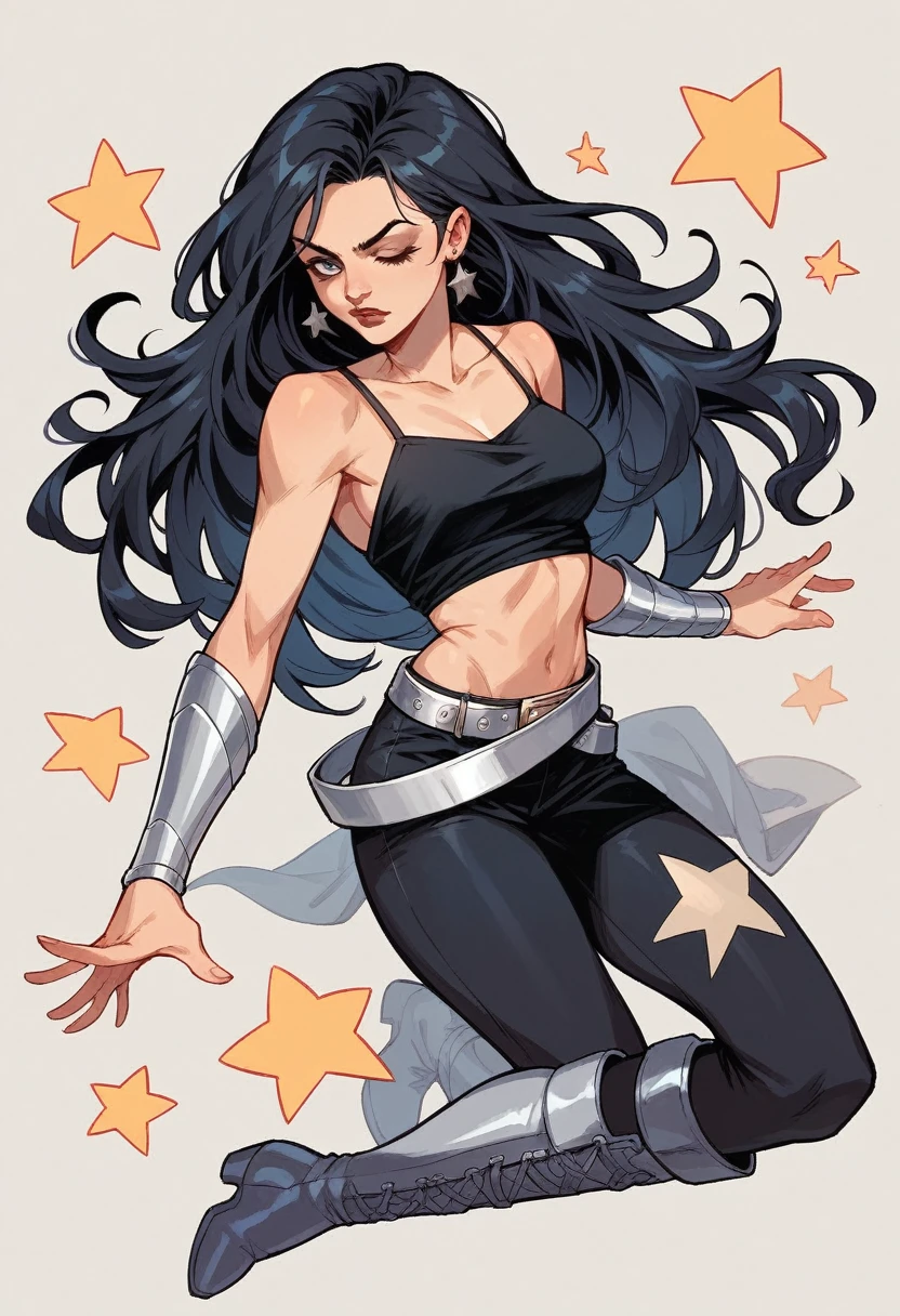 1girl, long black hair, earrings, black camisole, black leggings, silver belt, silver bracers, silver long boots, dc comics, star patterns