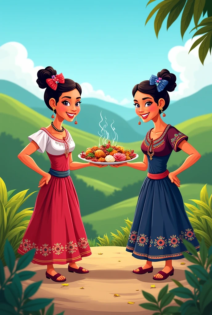 Women in traditional Guatemalan dress with a plate of food in their right hand and their left hand on their hips, cartoon