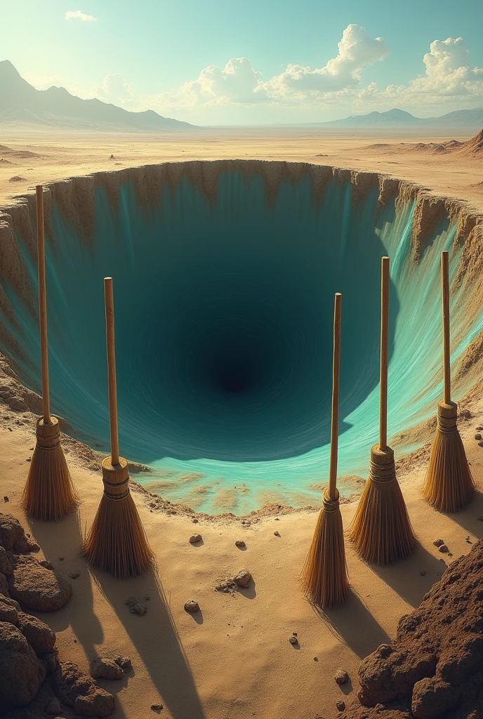 The earth with a giant hole with a sink in the middle in the background of the brooms 

