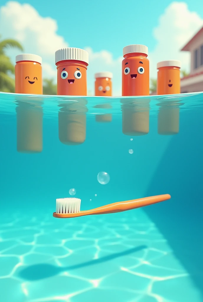 medicine swimming in a pool with a toothbrush at the bottom of the pool