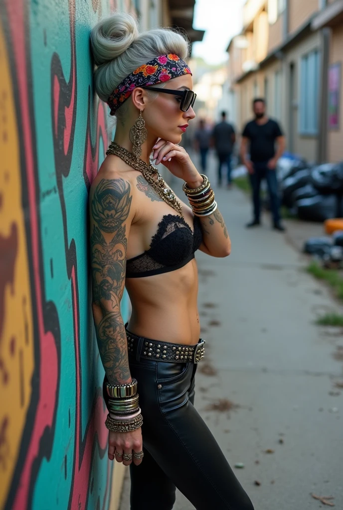 russian milf woman, grey hair (bouffant, top bun) and oversized square sunglasses and wide colourful bandana as headband, with very light green eyes, extremely pale. Big lips. Black lace push up bra, silicone breast,, tight skinny black low rise leather jeans. Light pink high heel mules. Lots of thick wide studded bracelets, chain necklaces and big rings,. Two loose studded belts. Long earrings with chains and feathers. Leaning her back against a graffitied wall, separated legs, touching her neck. With both hands Chin down in shame, looking down at the ground, Neck, chest, stomach and wrists heavily tattoed. Toned abdominals, thin neck, slim legs and thin arms. Narrow hips. Full body. At a dead end street with graffitied walls, ground littered with waste and piled black plastic garbage bags. Some men in the background. Full body, frontal view