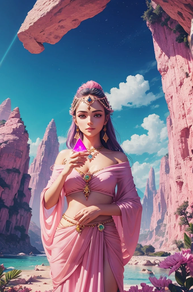 a beautiful woman holding a pink lemurian crystal near her forehead in a magical place with colorful colors and a beautiful landscape for 2d logo